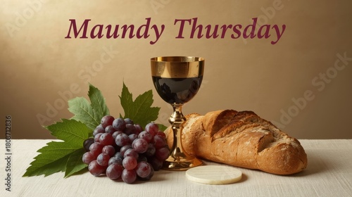 Maundy thursday symbols of bread wine and grapes for christian observance
