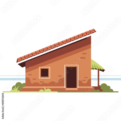 Stylized Tropical Home with Ocean View and Thatched Roof Vector Illustration