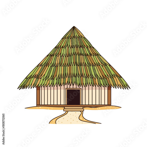 Stylized tropical hut vector illustration with thatch roof and pathway