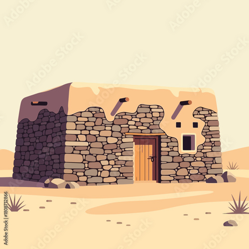 Traditional adobe house in a desert setting, illustrating cultural heritage
