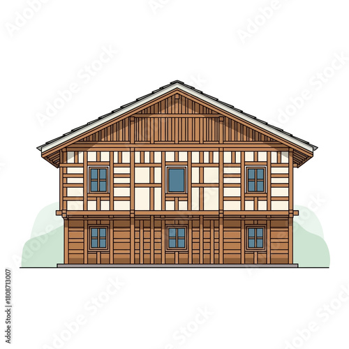 Two-story timber frame building with symmetric facade and gable roof