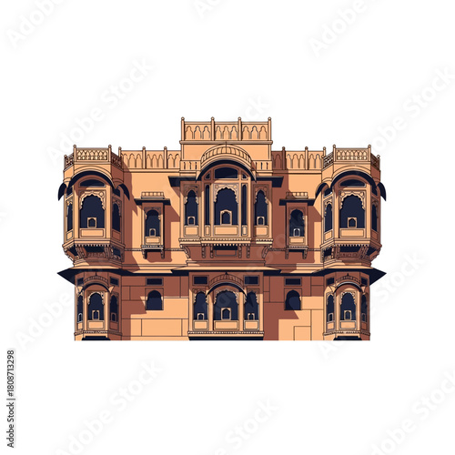 Architectural Illustration of a Traditional Indian Haveli Building Facade