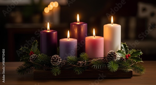 Advent wreath with five lit candles in purple, pink, and white, surrounded by pine branches and pine cones on a wooden surface.
