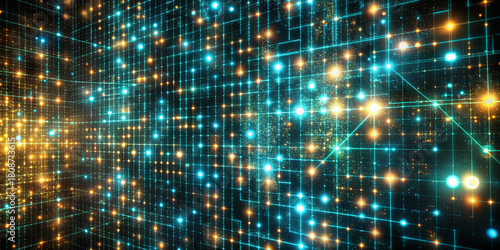 Wallpaper Mural A vibrant digital grid displays a web of glowing blue and orange particles, creating an energetic atmosphere that suggests technological advancement and data flow Torontodigital.ca