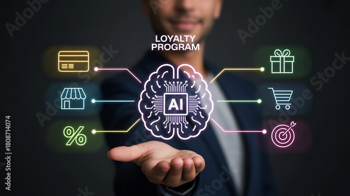 AI powered Loyalty Program Concept with Neural Network and Marketing Icons Design