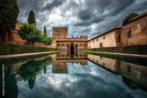 Reflection of Alhambra Palace in Granada Spain under a dramatic sky