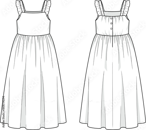 Flat vector illustration, fashion technical sketch, sleeveless ruffled dress, square neckline, gathered skirt, button-back bodice, garment template, clothing drawing