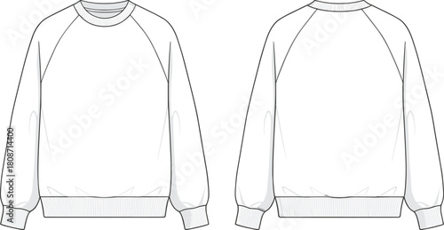 Flat vector illustration, fashion technical sketch, crewneck sweatshirt, raglan sleeve design, ribbed cuffs and hem, garment template, clothing drawing, apparel outline