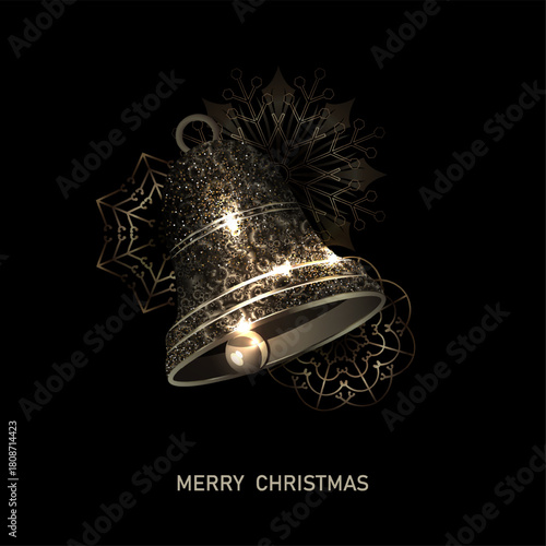 Merry Christmas. Gold textured sparkling bells with exquisite snowflakes.