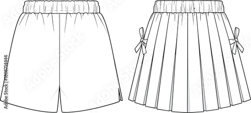 Flat vector illustration, fashion technical sketch, elastic waistband skirt, pleated skirt with bows, garment design, apparel template, clothing drawing