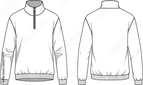 Flat vector illustration, fashion technical sketch, long-sleeve pullover design, half-zip collar, ribbed cuffs and hem, garment template, clothing drawing