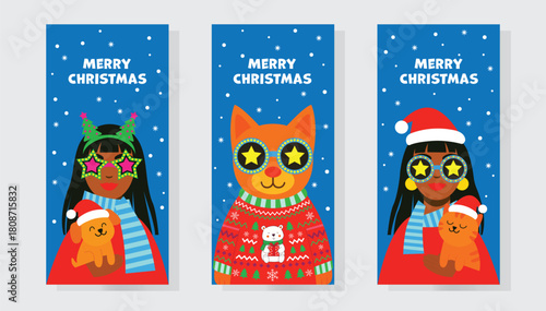 A colorful trio of Christmas posters featuring two stylish girls with star-shaped glasses and holiday outfits, an orange cat in a festive sweater for greeting cards, invitations, flyers, banners