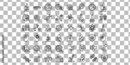 Line art illustration featuring science and biology icons including microscope dna and petri dish