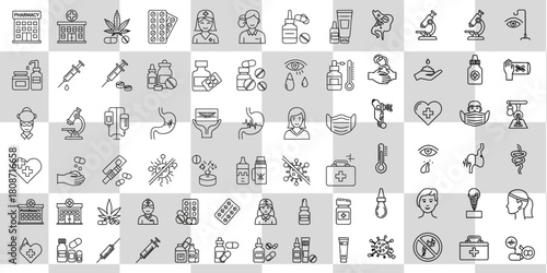 Line art icons showcase medical pharmaceutical and healthcare elements in a clean design style
