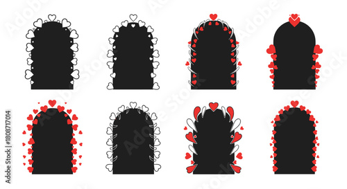 Romantic heart-themed archways create sweet Valentine's vibe for invitations, cards, or website elements, adding charming love and elegance.