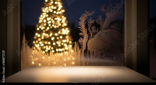 Christmas tree lights seen through a frosty window during the winter season