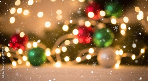 Blurred christmas lights and ornaments with snow falling for a festive scene