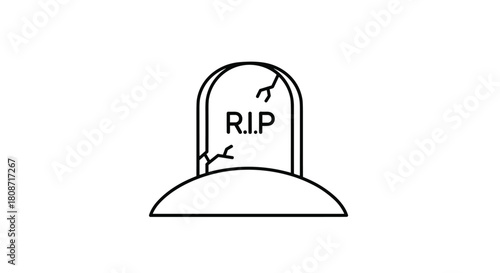Rest in peace tombstone illustration with cracked memorial stone for Halloween concept and spooky season graphics, cemetery design element
