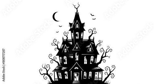 Silhouette of a spooky haunted house with moon isolated on white background