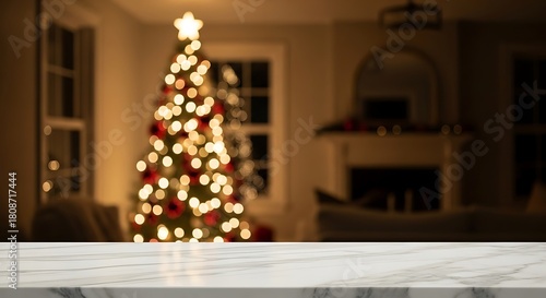 Marble table top with blurred christmas tree and fireplace in living room