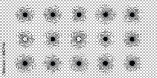 Collection of sunburst designs with radiating lines on a transparent background for graphic elements