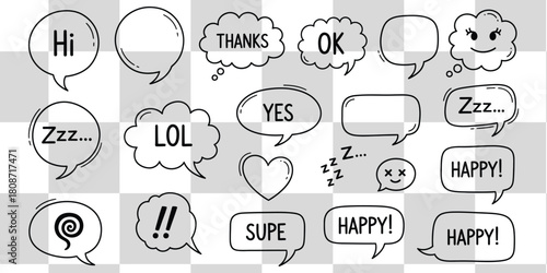 Hand drawn speech bubbles with expressions like hi thanks ok lol yes happy and zzz on checkered background