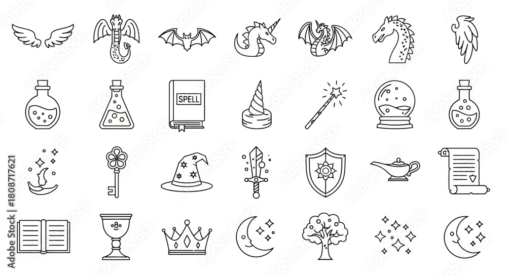 Fototapeta premium Enchanting vector art set featuring a delightful array of magical and fantasy elements designs