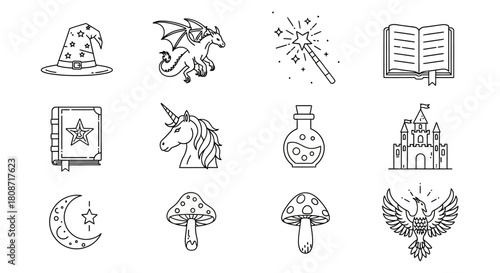 Enchanting icons and mystical vector elements for fairytales themed designs line art