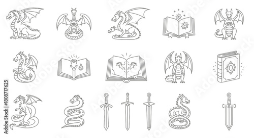 Collection of mythical fantasy icons featuring dragons swords and ancient books design