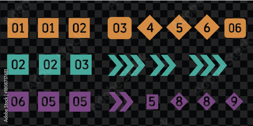 Colorful numbered shapes and arrows on a checkered background for infographics and presentations