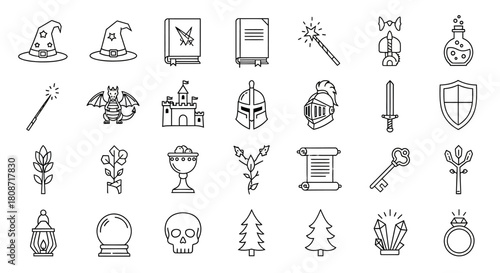 Fantasy Element Icon Set Depicting Magic, Medieval, and Mystical Objects in Outlined Style