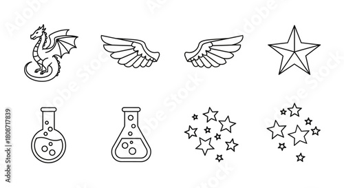 Outline illustration presenting science, fantasy, and magic icons for creative projects or design