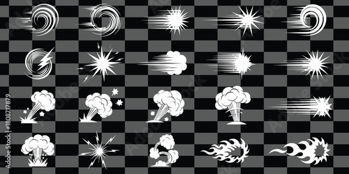 Comic book style explosion effects and motion lines on a checkered background for graphic design use