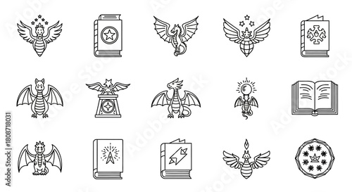 Collection of monochrome heraldic dragon and book outlines representing knowledge and wisdom