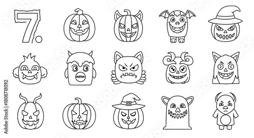 Collection of spooky Halloween themed doodle style vector illustrations and coloring page designs