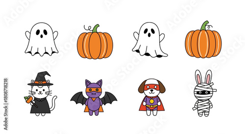 Halloween themed collection featuring cute cartoon ghosts, pumpkins, and costumed animals