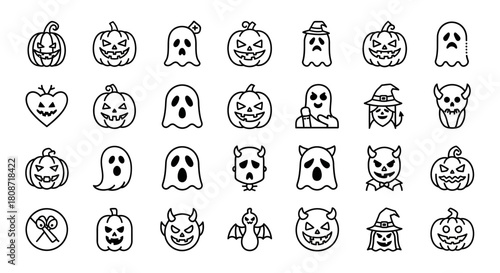 Outlined Halloween icons set featuring spooky pumpkins ghosts and eerie devilish characters