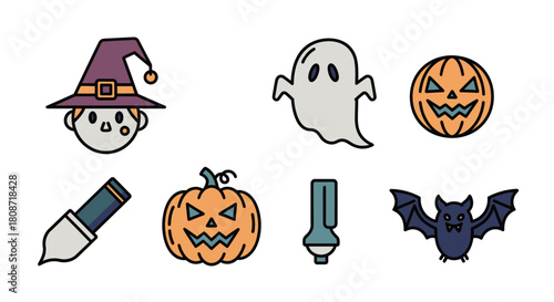 Halloween elements assortment featuring a witch, ghost, pumpkins and bat isolated on white