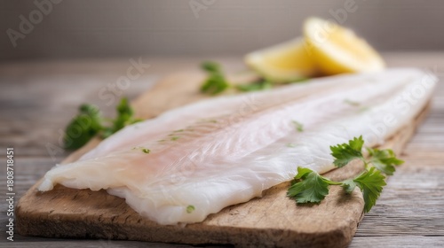 Fresh raw fish fillet on wooden board with lemon and herbs. Generative AI