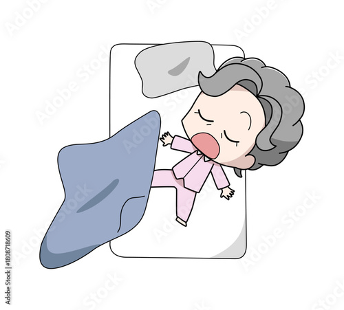 寝相が悪い高齢女性のイラスト