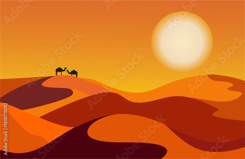 Vector flat illustration of desert landscape with sand dunes, camels, and sunset background.