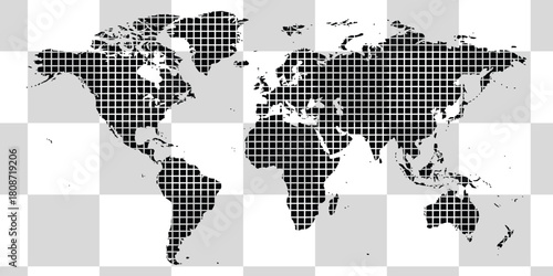 World map illustration with pixelated continents on a gray and white checkered background design