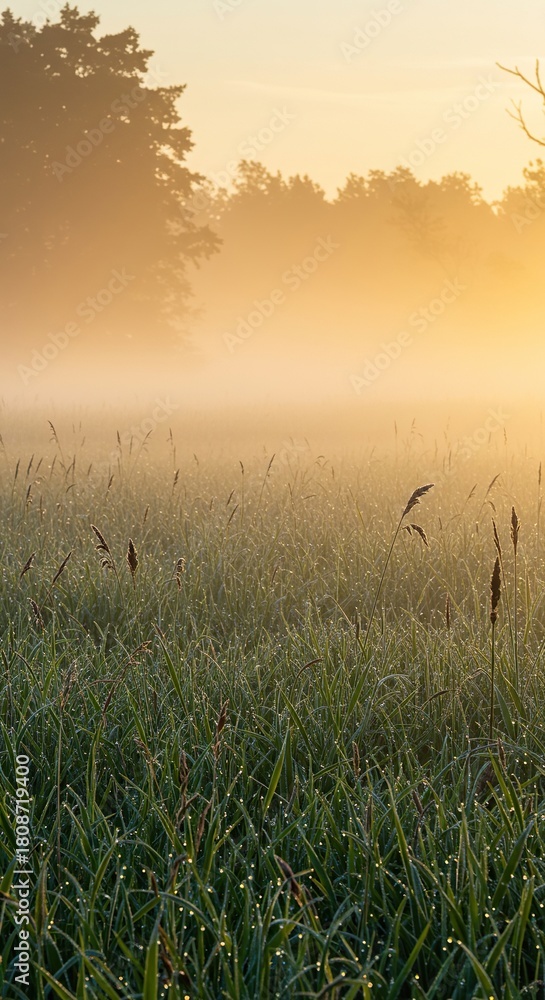 Fototapeta premium Soft, golden light filtering through dense morning mist over a tranquil meadow filled with fresh dew. The beginning of a new day and a new season ,awakening ,ray ,beams