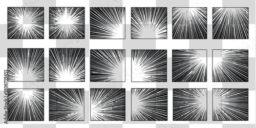 Manga style radial speed lines graphic elements arranged in a grid pattern for comic book effects