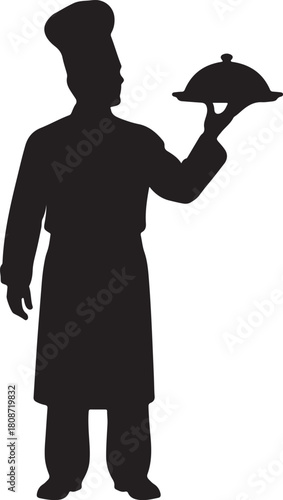 Chef silhouette holding cloche, offering upscale service.