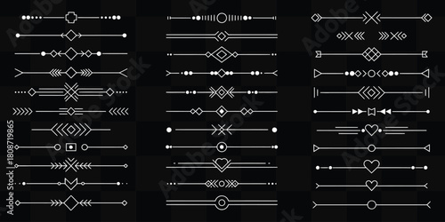 Decorative dividers and separators with geometric shapes on a black background for graphic design use