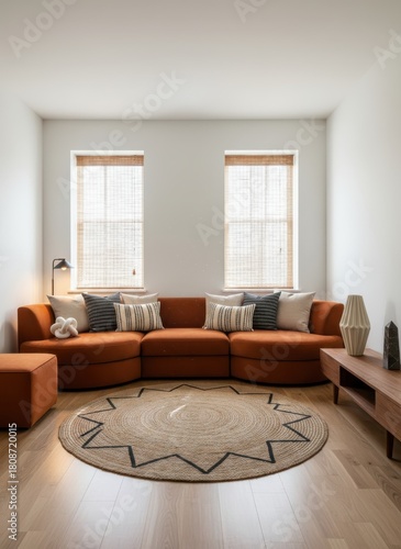 Luxury Modern Living Room with Terracotta Leather Sofa and Sunset Orange Walls