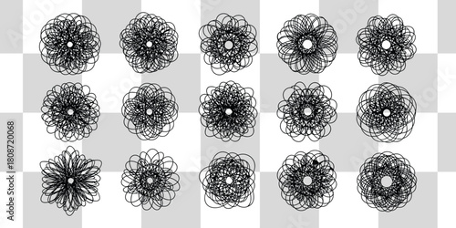 Abstract floral pattern with intricate line art on a checkered background creates a modern design