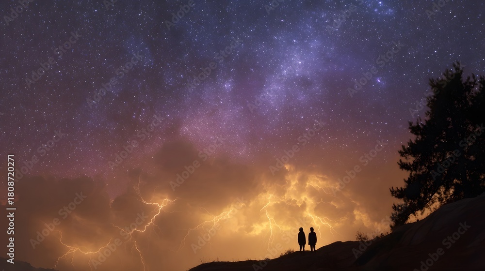 Fototapeta premium Two figures silhouetted on a ridge watch a dramatic lightning storm under a vast starry night sky capturing nature s awesome power and cosmic beauty