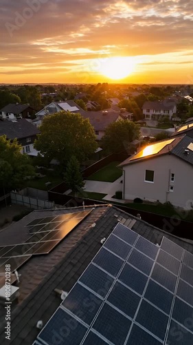 Golden Sunset Over Suburban Rooftop Solar Panels Aerial View